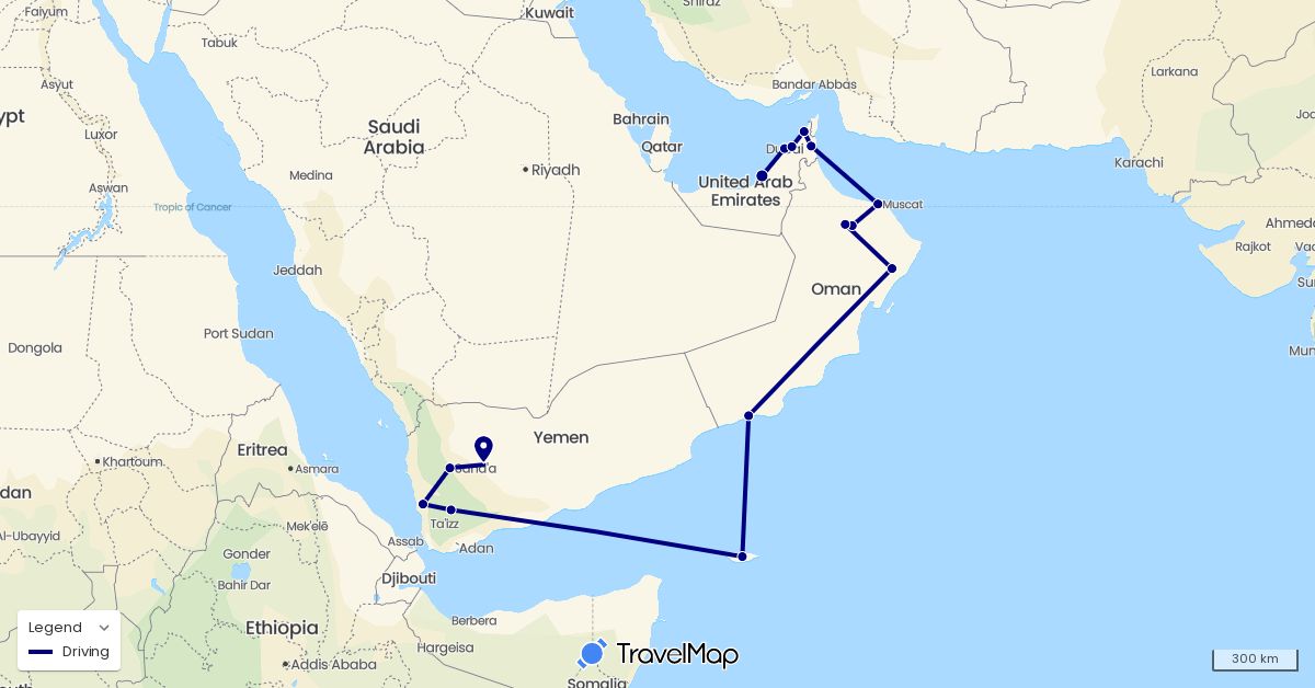 TravelMap itinerary: driving in United Arab Emirates, Oman, Yemen (Asia)